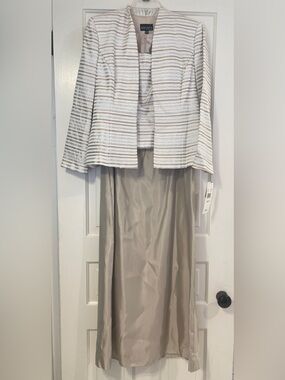 Xscape Two-Piece Taupe and Ivory Striped Jacket/Sleeveless Formal Gown